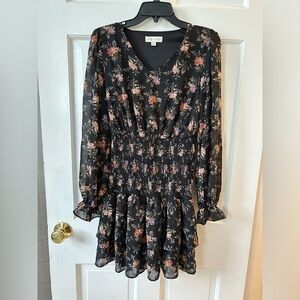 Short Floral Flouncy Chiffon Ruffle Dress | Long Sleeves Rouched Bodice